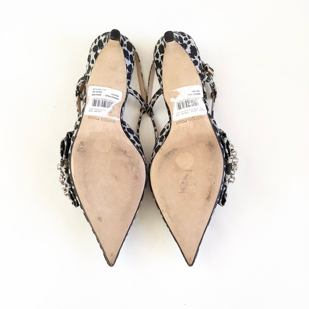 Sergio Rossi Metallic Silver/Black Leopard Pointed Kiten Heel Slingback Pump 6.5 - Picture 9 of 9